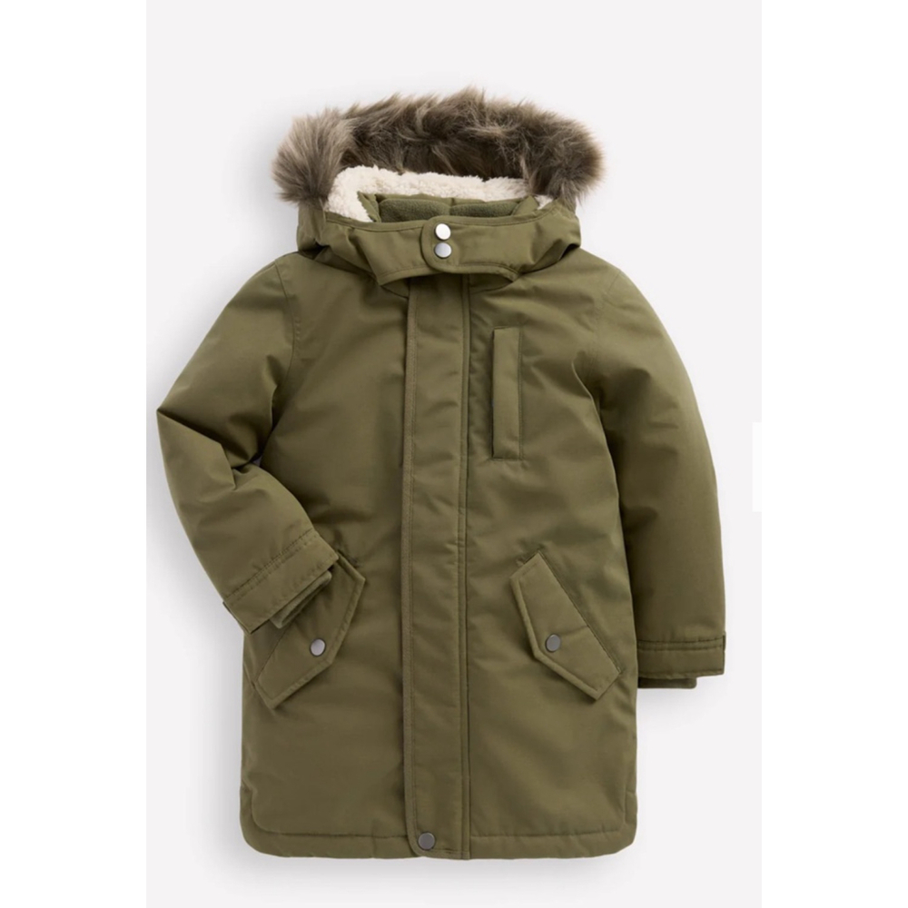 Boys Boden Waterproof Parker with Faux Fur Hood Size 11/12 Olive Green - Picture 10 of 10